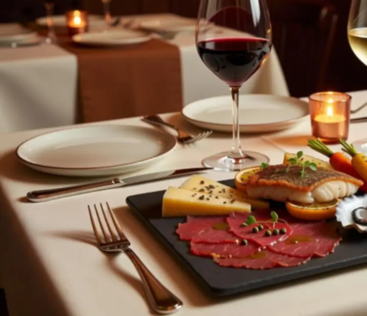 Autumn tasting night table setting with artisan platters and wine glasses.