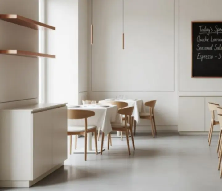 Warm bistro interior with bentwood chairs and alabaster-toned surfaces at Ranktableevenings.