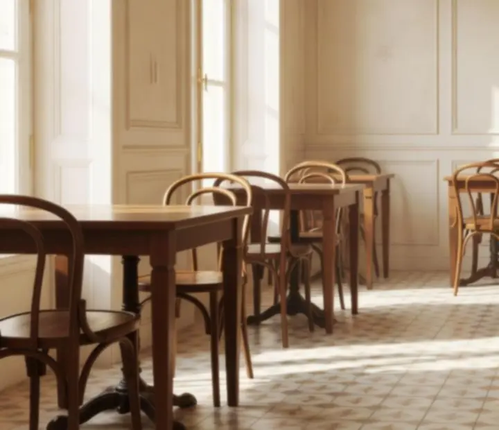 Sunlit interior of Ranktableevenings bistro with wooden chairs and pale ivory walls