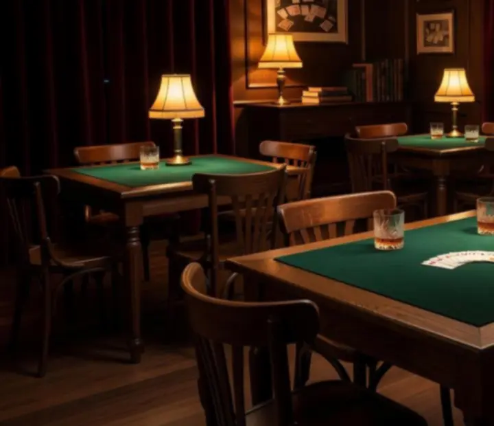 Warmly lit private card room with upholstered chairs and card tables prepared for evening games