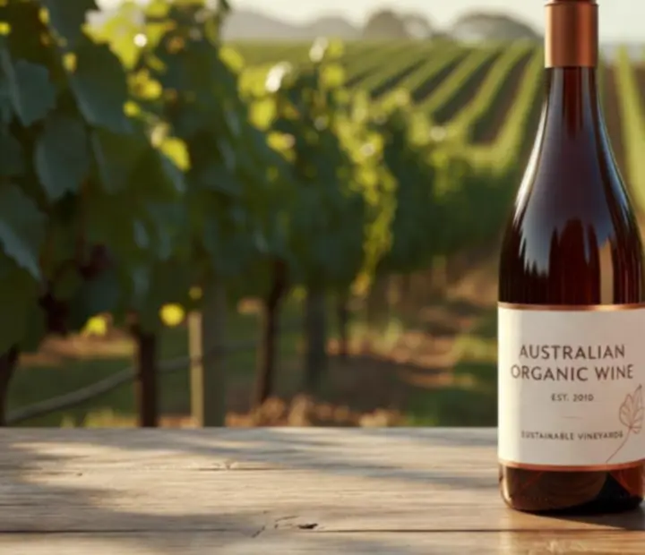 A bottle of wine set against a sustainable Australian vineyard
